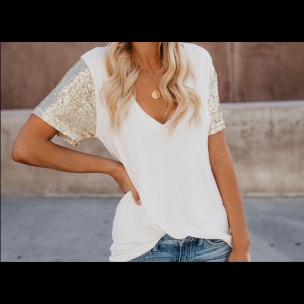 Vici Plain White T with Gold Sequin Sleeves